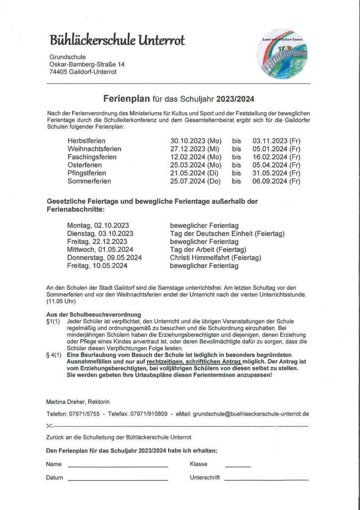 Ferienplan Stand November 2023 Bühläckerschule Unterrot